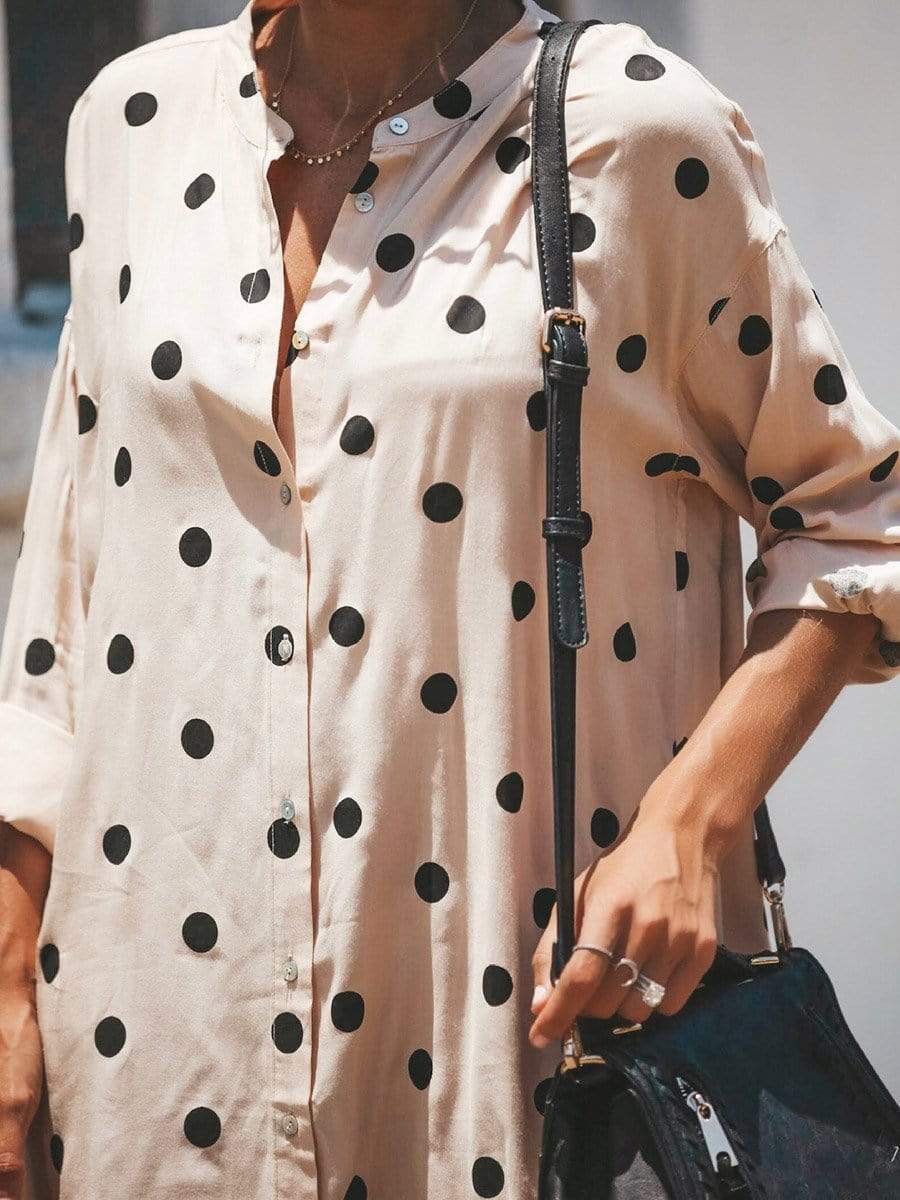 Stand Collar Polka Dot Buttons Embellished Shift Dresses