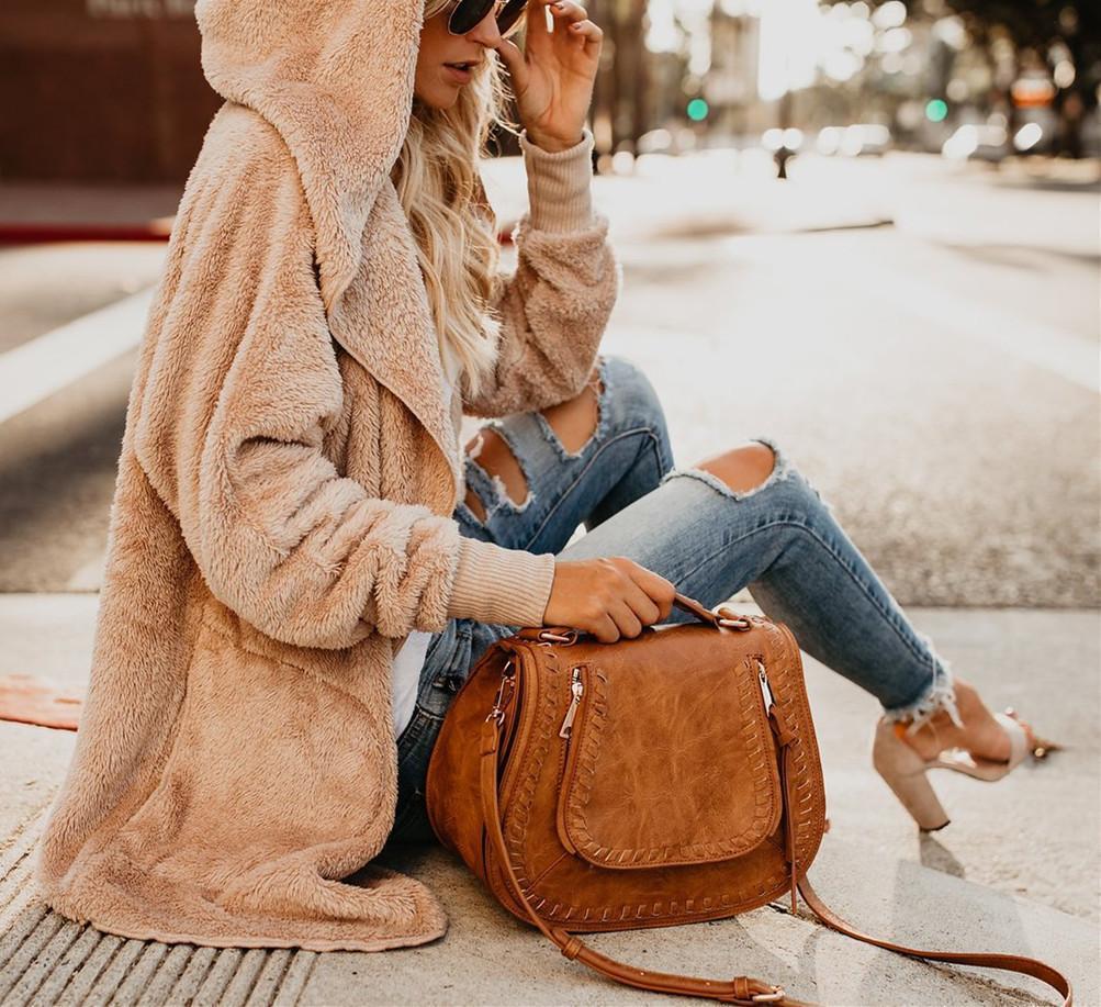 Cap Long-Sleeved Cardigan Pocket Warm Jacket for Women