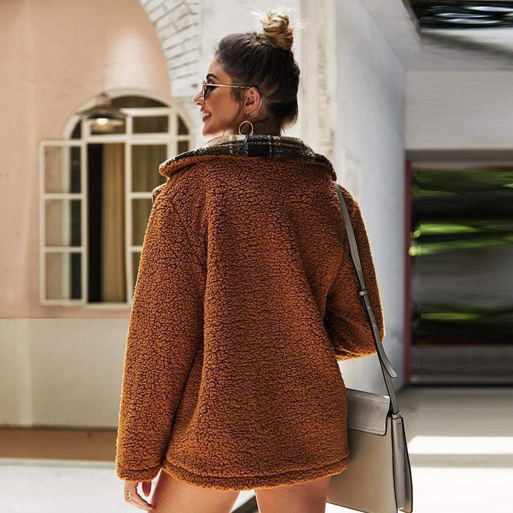 Women's Top Coat Plaid Lapel Button Down Pocket Jacket